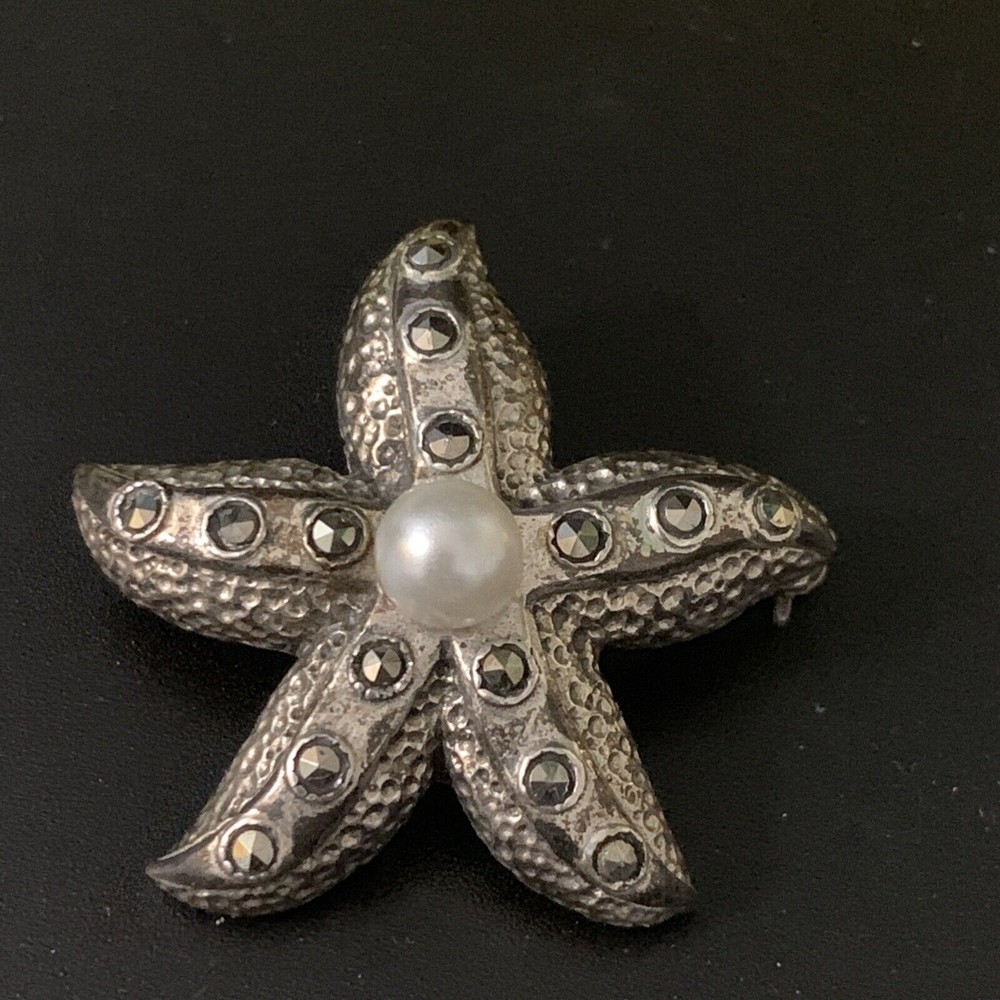 925 Sterling Silver Vintage simulated Pearl Starfish Brooch glass rhinestone sea